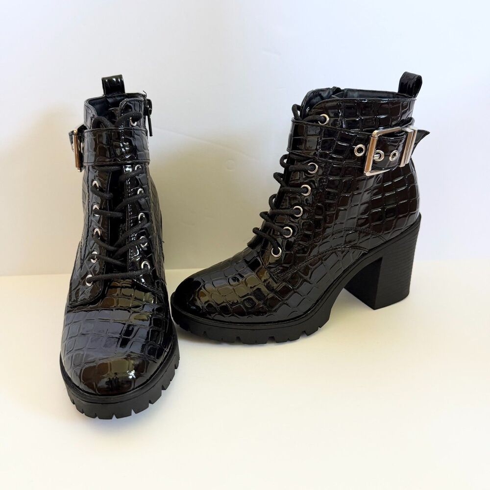 Topshop Broadway Croc Embossed Patent Lace Up Block Heel Boots 7.5